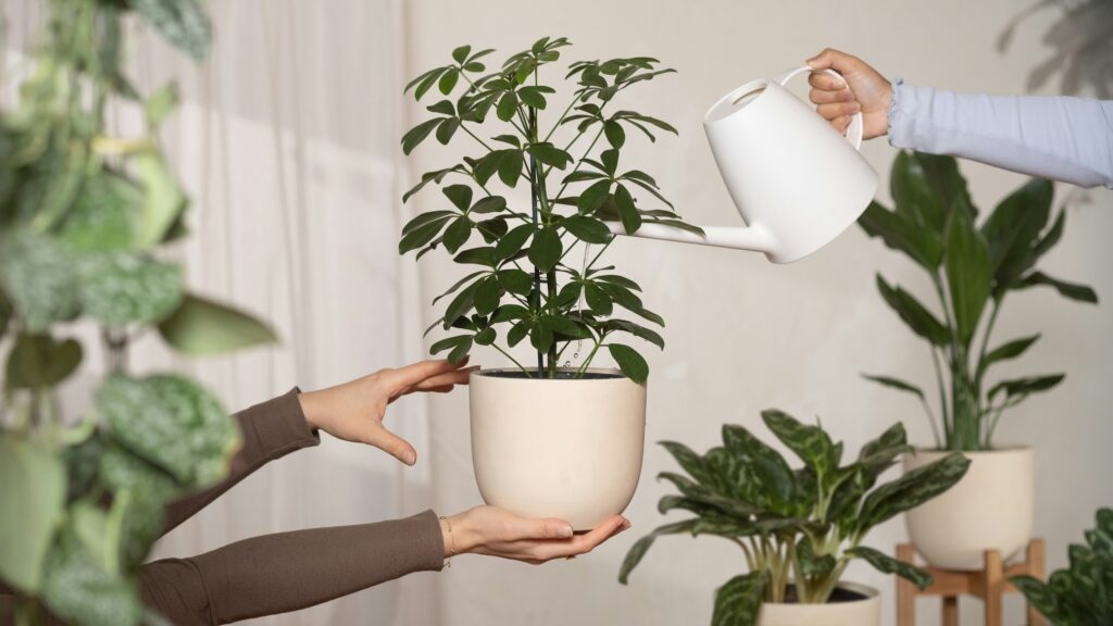 Watering and pruning plants in a balcony vertical garden