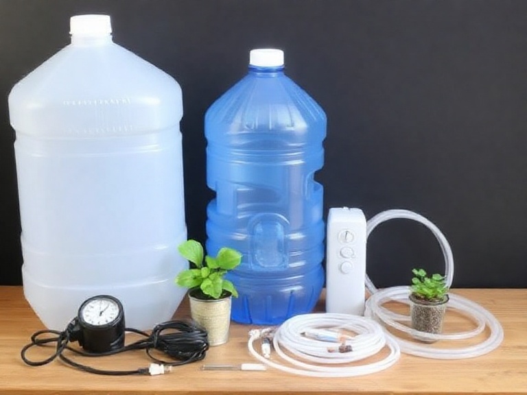 DIY self-watering vertical garden materials arranged on floor including planters, pipes, and pump etc.