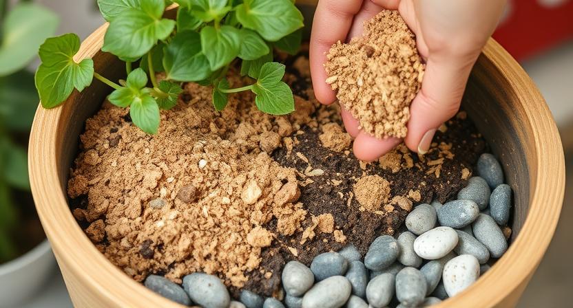 Hands filling vertical garden planters with cocopeat compost mix